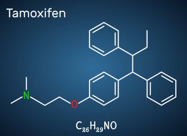Tamoxifen, C26H29NO molekülü. Meme kanserinin tedavisinde ve önlenmesinde kullanılan anti-steroidal anti-östrojendir. Koyu mavi arkaplanda yapısal kimyasal formül. Vektör illüstrasyonu