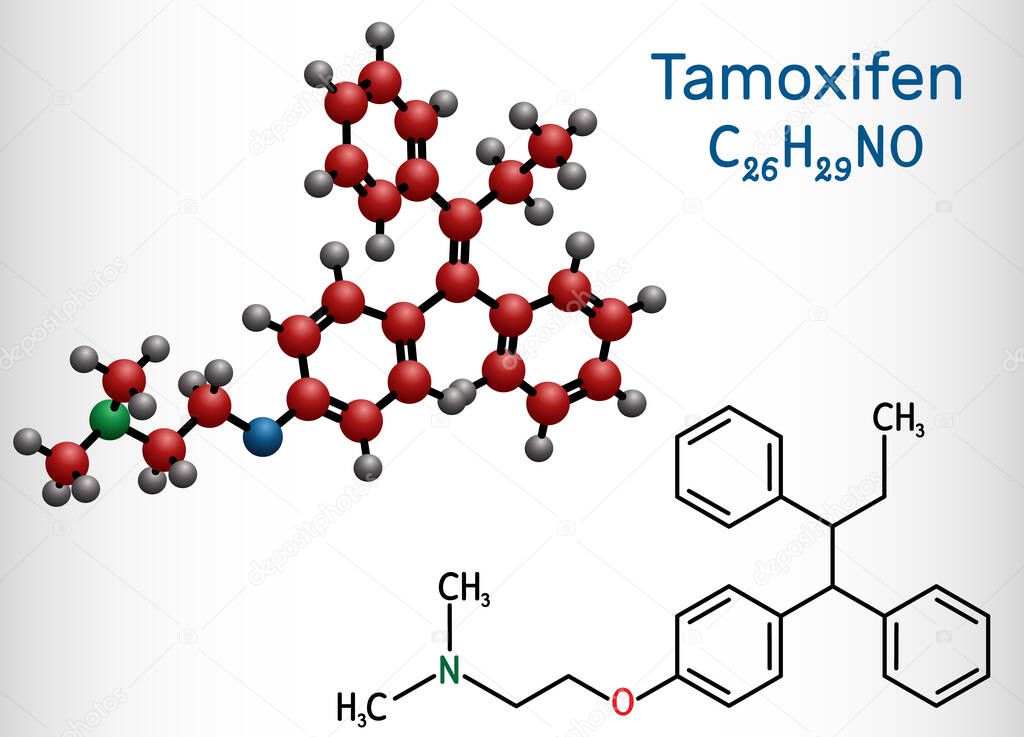 Tamoxifen, C26H29NO molecule. It is antineoplastic nonsteroidal antiestrogen, used in the treatment and prevention of breast cancer. Structural chemical formula and molecule model. Vector illustration