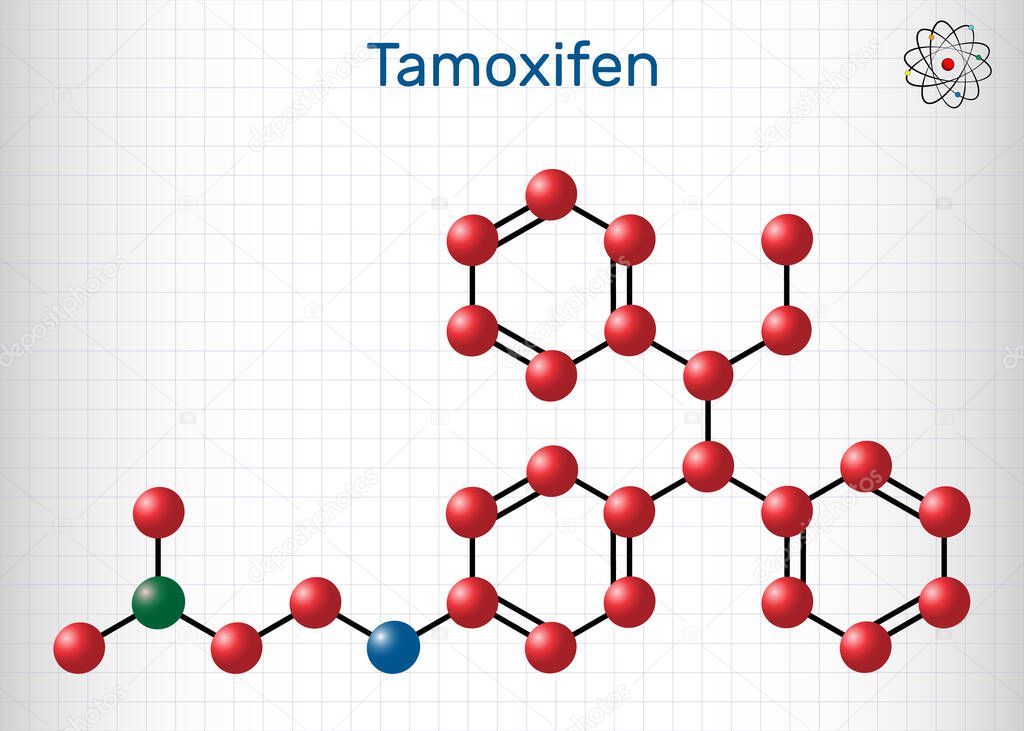 Tamoxifen, C26H29NO molecule. It is antineoplastic nonsteroidal antiestrogen, used in the treatment and prevention of breast cancer. Sheet of paper in a cage. Vector illustration