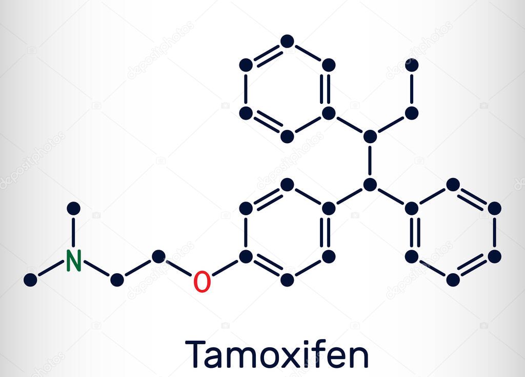 Tamoxifen, C26H29NO molecule. It is antineoplastic nonsteroidal antiestrogen, used in the treatment and prevention of breast cancer. Skeletal chemical formula. Vector illustration