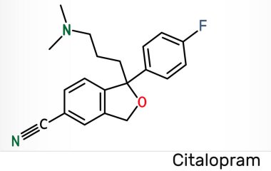 Citalopram, C20H21FN2O molekülü. Antidepresan, seçici serotonin geri alma inhibitörü SSRI sınıfı yaygın olarak depresyon semptomlarının tedavisinde kullanılır. İskelet kimyasal formülü. Görüntü