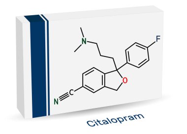 Citalopram, C20H21FN2O molekülü. Antidepresan, seçici serotonin geri alma inhibitörü SSRI sınıfı yaygın olarak depresyon semptomlarının tedavisinde kullanılır. Uyuşturucu için kağıt ambalaj. Görüntü