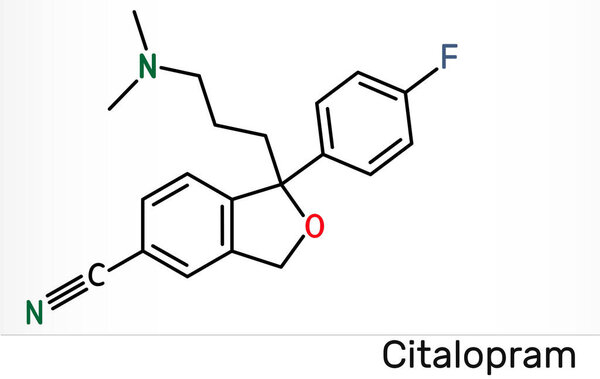 Циталопрам, молекула C20H21FN2O. Это антидепрессант, селективный ингибитор обратного захвата серотонина SSRI класса, широко используется для лечения симптомов депрессии. Химическая формула скелета. Иллюстрация
