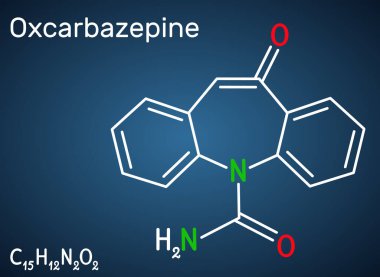 Oxcarbazepine, C15H12N2O2 molekülü. Nöbetlerin, epilepsinin ve bipolar bozukluğun tedavisinde kullanılan antikonvülsan bir ilaç. Koyu mavi arkaplanda yapısal kimyasal formül. Vektör illüstrasyonu