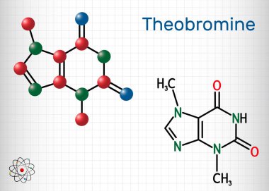 Theobromine, dimethylxanthine, purine alkaloid C7H8N4O2 molekülü. Kakao fasulyesindeki ksentinin alkaloiti. Yapısal kimyasal formül ve molekül modeli. Kafesteki bir kağıt parçası. Vektör illüstrasyonu