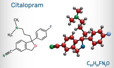 Citalopram, C20H21FN2O molekülü. Antidepresan, seçici serotonin geri alma inhibitörü SSRI sınıfı yaygın olarak depresyon semptomlarının tedavisinde kullanılır. Vektör illüstrasyonu