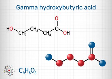 Gama-hidroksibürik asit, GHB, C4H8O3 molekülü. Nörotransmitter, sıvı ecstasy, psikoaktif ilaç. Tuzlu sodyum oksitin formundadır. Kâğıtta bir sayfa kağıt. Vektör illüstrasyonu