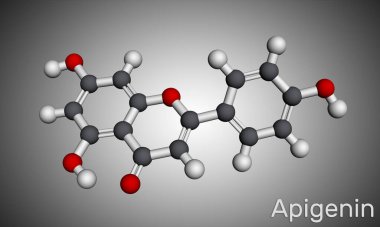 Apigenin, C15H10O5, flavone, aglikonin molekülü. Bitkisel tatlandırıcı, anti-proliferatif, iltihap önleyici, antimetastatik aktiviteler sergiliyor. Moleküler model. 3B görüntüleme