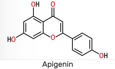 Apigenin, C15H10O5, flavone, aglikonin molekülü. Bitkisel tatlandırıcı, anti-proliferatif, iltihap önleyici, antimetastatik aktiviteler sergiliyor. İskelet kimyasal formülü. Görüntü