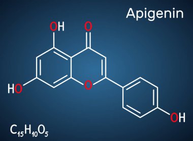 Apigenin, C15H10O5, flavone, aglikonin molekülü. Bitkisel tatlandırıcı, anti-proliferatif, iltihap önleyici, antimetastatik aktiviteler sergiliyor. Koyu mavi arkaplanda yapısal kimyasal formül. Vektör illüstrasyonu