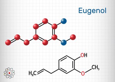 Eugenol, karanfil esaslı yağ molekülü. Yiyecek, çay ve bitkisel yağ olarak diş ağrısını gidermek için kullanılır. Yapısal kimyasal formül ve molekül modeli. Kâğıtta bir sayfa kağıt. Vektör illüstrasyonu
