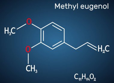 Metil Eugenol, allylveratrol, metilleugenol molekülü. Bu fenilpropene, bir tür fenilpropanoid. Tat alma aracı olarak, koku olarak, kemirgenlerde anestetik olarak kullanılır. Koyu mavi arkaplanda yapısal kimyasal formül. Vektör illüstrasyonu