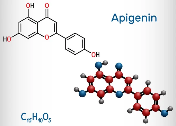 Apigenin, C15H10O5, flavone, aglikonin molekülü. Bitkisel tatlandırıcı, anti-proliferatif, iltihap önleyici, antimetastatik aktiviteler sergiliyor. Yapısal kimyasal formül ve molekül modeli. Vektör illüstrasyonu
