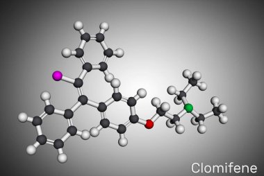 Klomifen, klomifen, enlomifen, E-izomer molekül. Kadınlardaki kısırlığı tedavi etmek için kullanılan bir oral ajandır. Moleküler model. 3B görüntüleme