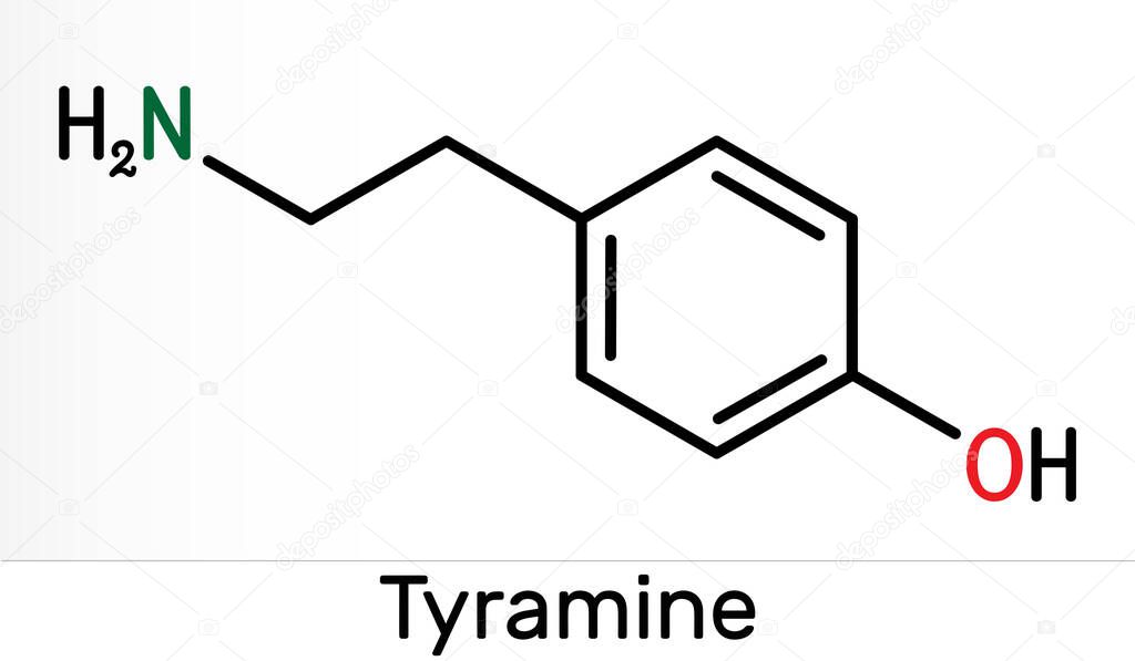 Tyramine, tyramin molecule. It is monoamine compound derived from tyrosine. Skeletal chemical formula. Illustration