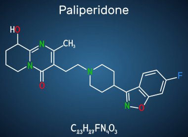 Paliperidone, 9-Hydroxyrisperidone molekülü. Şizofreni tedavisinde kullanılan atipik bir antipsikotik maddedir. Koyu mavi arkaplanda yapısal kimyasal formül. Vektör illüstrasyonu