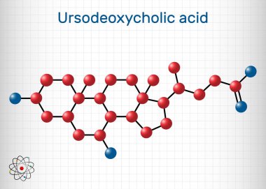 Ursodeoksikolik asit, ursodiol, UDCA molekülü. Kolelithias, safra kesesi iltihabı tedavisinde kolesterol ve kolesterol olarak kullanılır. Kafesteki bir kağıt parçası. Vektör illüstrasyonu