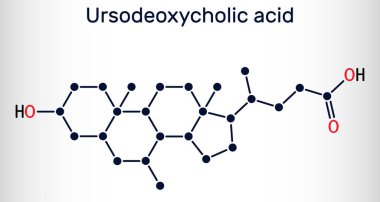 Ursodeoxycholic acid, ursodiol, UDCA molecule. It is used as cholagogue and choleretic in the treatment of cholelithiasis, biliary cholangitis. Skeletal chemical formula. Vector illustration clipart