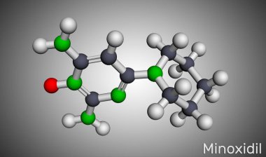 Minoxidil molekül. Saç dökülmesini tedavi etmek için kullanılan anti-hipertansif vazodilatör ilacı. Moleküler model. 3 boyutlu görüntüleme. Görüntü