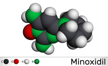 Minoxidil molekül. Saç dökülmesini tedavi etmek için kullanılan anti-hipertansif vazodilatör ilacı. Moleküler model. 3 boyutlu görüntüleme. Çizim oranı
