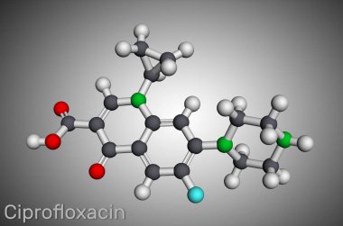 Ciprofloxacin, quinolone molekülü. Sentetik geniş spektrumlu florokinolon antibiyotiği. Moleküler model. 3B görüntüleme