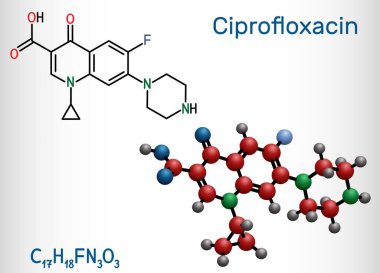 Ciprofloxacin, quinolone molekülü. Sentetik geniş spektrumlu florokinolon antibiyotiği. Yapısal kimyasal formül ve molekül modeli. Vektör illüstrasyonu