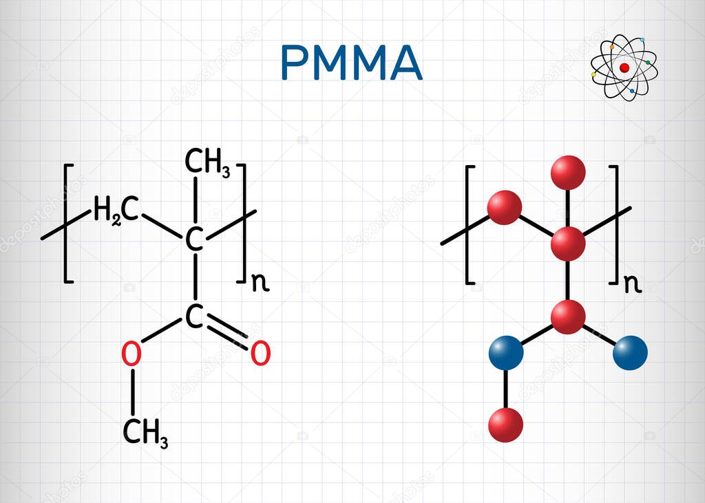 Poly methyl methacrylate , acrylic glass, plexiglass, PMMA molecule. It is synthetic polymer of methyl methacrylate, is used for acrylic paint, latex, acrylic glass. Sheet of paper in a cage. Vector illustration