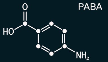 4-Aminobenzoik asit, p-Aminobenzoik asit, PABA molekülü. Bazı bakteriler ve B vitamini kompleksi üyeleri için temel besindir. Koyu mavi arka plan. Görüntü