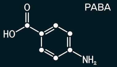 4-Aminobenzoic acid, p-Aminobenzoic acid,  PABA molecule. It is essential nutrient for some bacteria and member of vitamin B complex. Dark blue background. Illustration clipart
