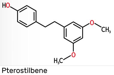 Pterostilbene, durgun molekül. Metabolit, antioksidan, antinoplastik faktör ve nörotransmiter olarak bir rolü var. İskelet kimyasal formülü. Görüntü