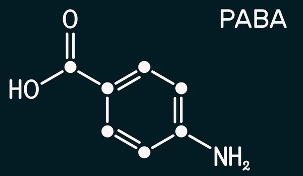 4-Aminobenzoic acid, p-Aminobenzoic acid,  PABA molecule. It is essential nutrient for some bacteria and member of vitamin B complex. Dark blue background. Illustration
