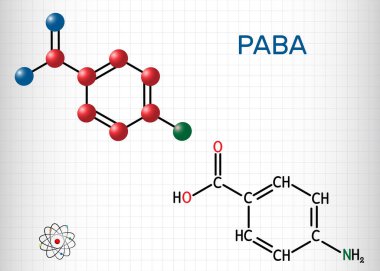 4-Aminobenzoik asit, p-Aminobenzoik asit, PABA molekülü. Bazı bakteriler ve B vitamini kompleksi üyeleri için temel besindir. Kafesteki bir kağıt parçası. Vektör illüstrasyonu