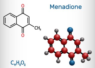Menadon, menafon, provitamin molekülü. Buna K3 vitamini deniyor. Yapısal kimyasal formül ve molekül modeli. Vektör illüstrasyonu