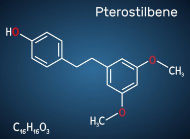 Pterostilbene, durgun molekül. Metabolit, antioksidan, antinoplastik faktör ve nörotransmiter olarak bir rolü var. Koyu mavi arkaplanda yapısal kimyasal formül. Vektör illüstrasyonu