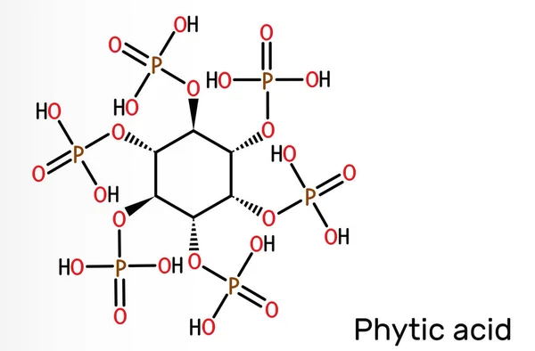 Phytic acid, fytic acid, phytate, phytine, myo-inositol hexakisphosphate molecule. It has role as iron chelator, antineoplastic agent, cofactor. Skeletal chemical formula. Illustration