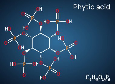 Phytic acid, fytic acid, phytine, myo-inositol hexakisfosfat molekülü. Demir şelatör, antinoplastik faktör, kofaktör rolü var. Koyu mavi arka plan. Vektör illüstrasyonu