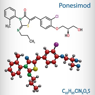 Ponesimod, deneysel antiinflamatuar ilaç molekülü. Çoklu skleroz MS ve sedef tedavisi. Yapısal kimyasal formül ve molekül modeli. Vektör illüstrasyonu