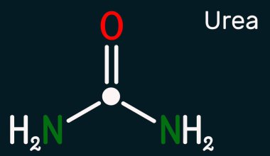 Urea, karbamit molekülü. Kozmetik alanında gübre olarak kullanılan bir karbonil grubu içeren nitrojen bileşiğidir. İskelet kimyasal formülü. Koyu mavi arka plan. Görüntü