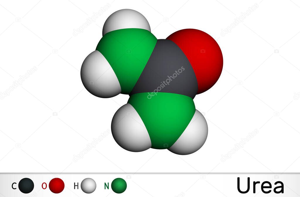 Urea, carbamide molecule. It is a nitrogenous compound containing a carbonyl group, is used as fertilizer, in cosmetics. Molecular model. 3D rendering