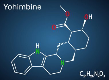 Yohimbine, yohimbe, quebrachine molekülü. Afrodizyak, bitkisel alkaloit. Koyu mavi arkaplanda yapısal kimyasal formül. Vektör illüstrasyonu