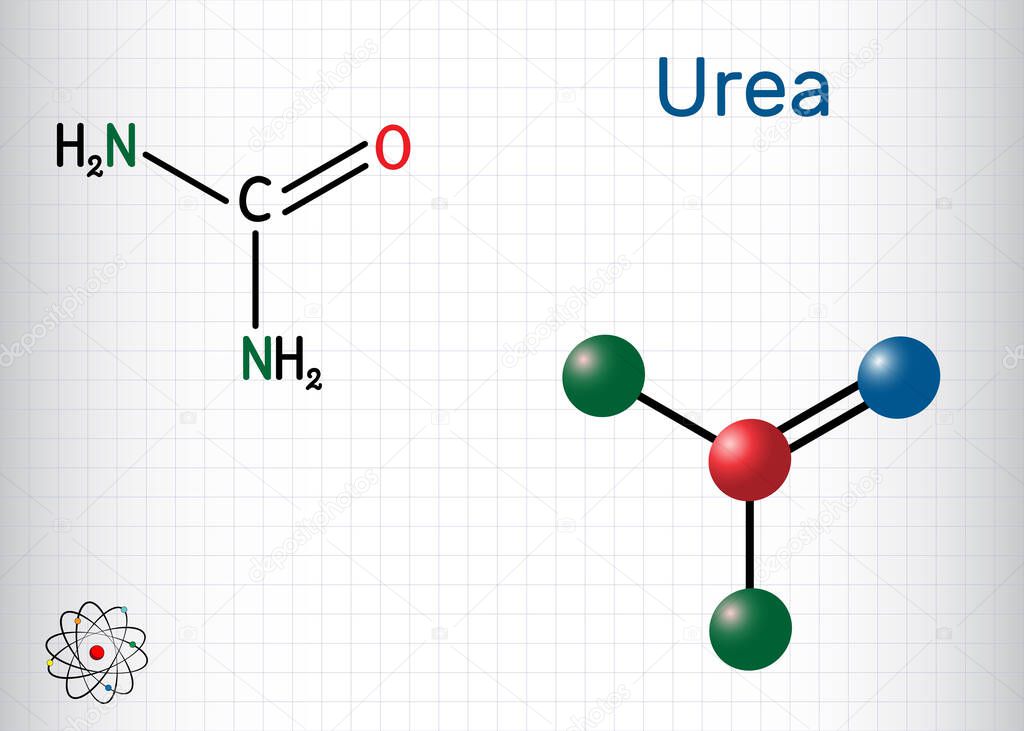 Urea, carbamide molecule. It is a nitrogenous compound containing a carbonyl group, is used as fertilizer, in cosmetics. Structural chemical formula and molecule model. Sheet of paper in a cage. Vector illustration