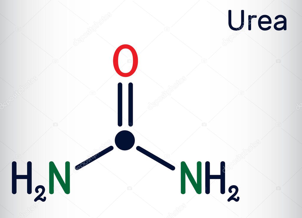 Urea, carbamide molecule. It is a nitrogenous compound containing a carbonyl group, is used as fertilizer, in cosmetics. Skeletal chemical formula. Vector illustration