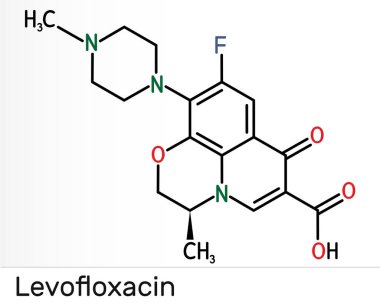 Levofloxacin, florokinolon antibiyotik molekülü. Bakteriyel sinüzit ve zatürree tedavisinde kullanılır. İskelet kimyasal formülü. Görüntü