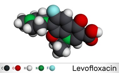 Levofloxacin, florokinolon antibiyotik molekülü. Bakteriyel sinüzit ve zatürree tedavisinde kullanılır. Moleküler model. 3B görüntüleme 