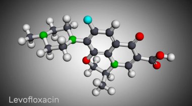 Levofloxacin, florokinolon antibiyotik molekülü. Bakteriyel sinüzit ve zatürree tedavisinde kullanılır. Moleküler model. 3B görüntüleme
