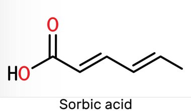 Sorbik asit, 2,4-hexadienoik asit, E200 molekülü. Bu hexadienoic ve çoklu doymamış yağ asidi. Sorbate 'in eşlenik asidi. İskelet kimyasal formülü. Görüntü
