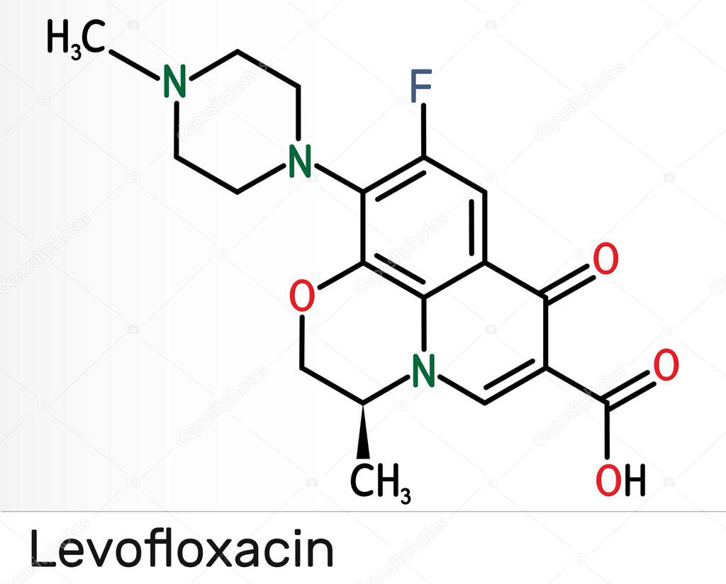 Levofloxacin, fluoroquinolone antibiotic molecule. It is used to treat bacterial sinusitis, pneumonia. Skeletal chemical formula. Illustration