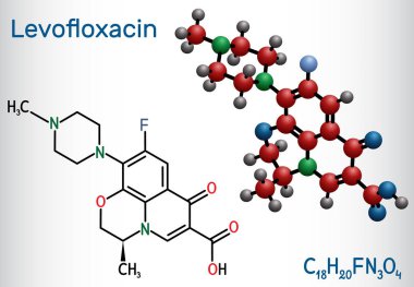 Levofloxacin, florokinolon antibiyotik molekülü. Bakteriyel sinüzit ve zatürree tedavisinde kullanılır. Yapısal kimyasal formül ve molekül modeli. Vektör illüstrasyonu