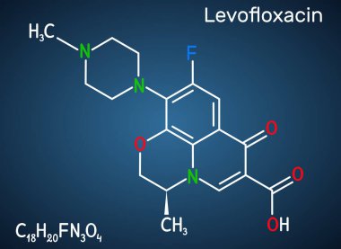 Levofloxacin, florokinolon antibiyotik molekülü. Bakteriyel sinüzit ve zatürree tedavisinde kullanılır. Koyu mavi arkaplanda yapısal kimyasal formül. Vektör illüstrasyonu