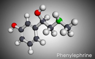 Fenilefrin molekülü. Güçlü vasokonjestör özelliği olan burun dekonjestanı. Moleküler model. 3B görüntüleme